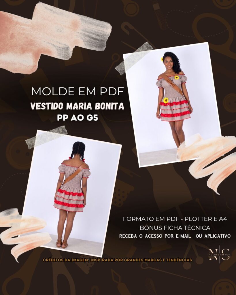 Molde em PDF - Vestido Maria Bonita (Vestido Estilo Festa Ombro a Ombro com Corpo em Lastex e Saia em Camadas com Babados Aplicados)