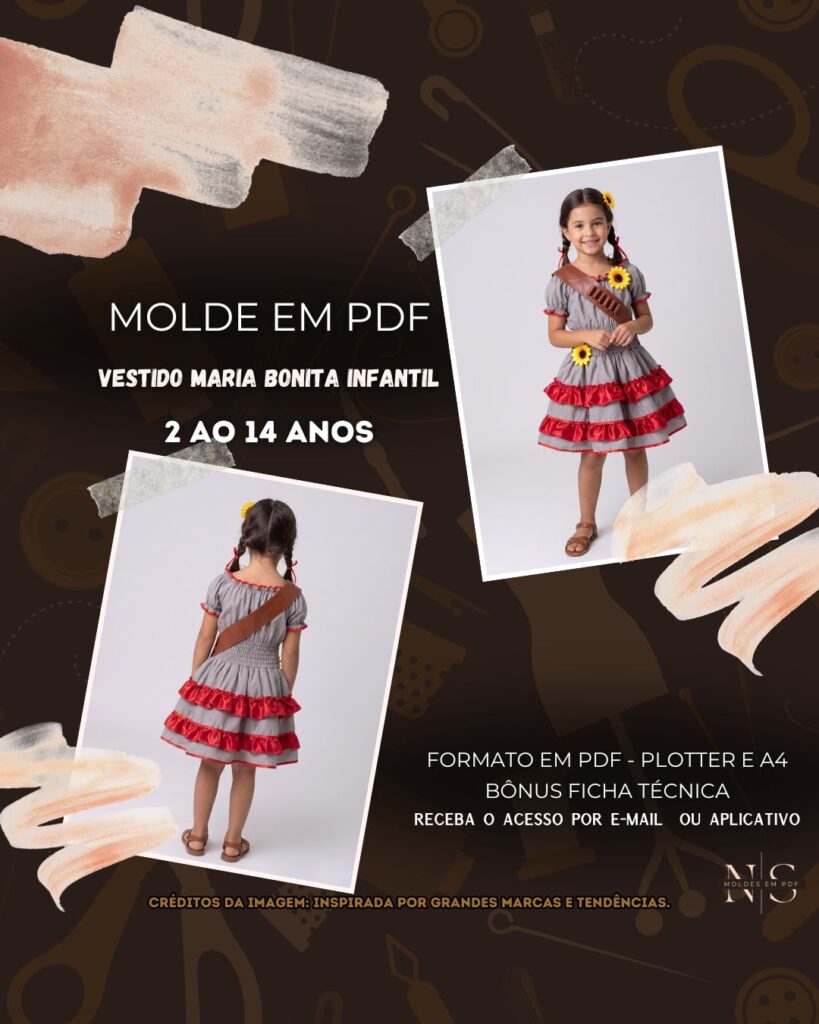 Molde em PDF - Vestido Maria Bonita Infantil (Vestido Estilo Festa Cintura em Lastex Manga Bufante e Saiote em Camadas com Babados Contrastantes)