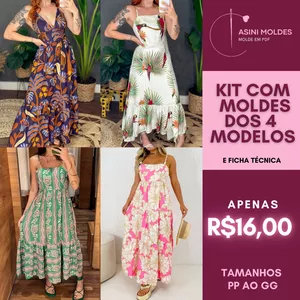 KIT 4 VESTIDOS LONGOS - Molde em PDF