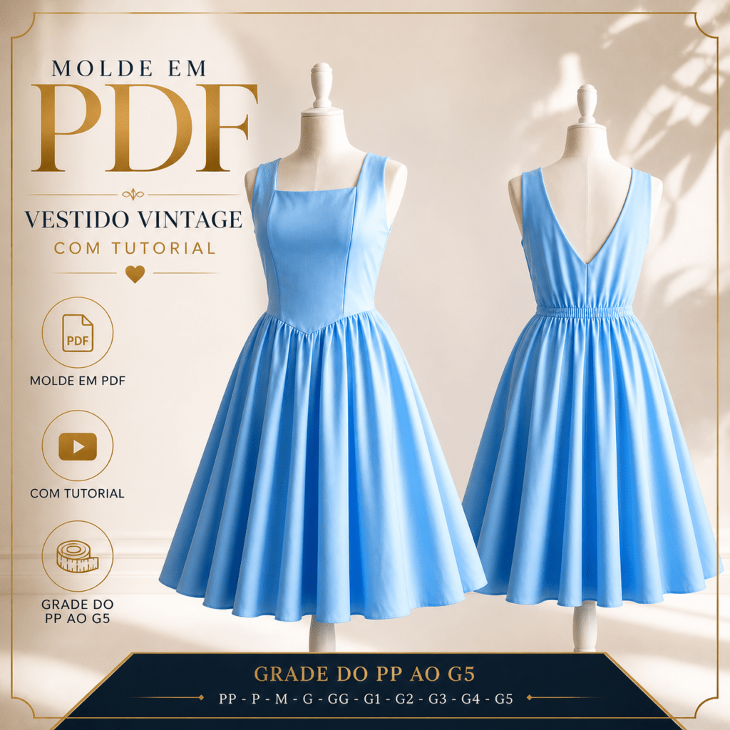 Molde em PDF vestido vintage com tutorial - Grade PP ao G5
