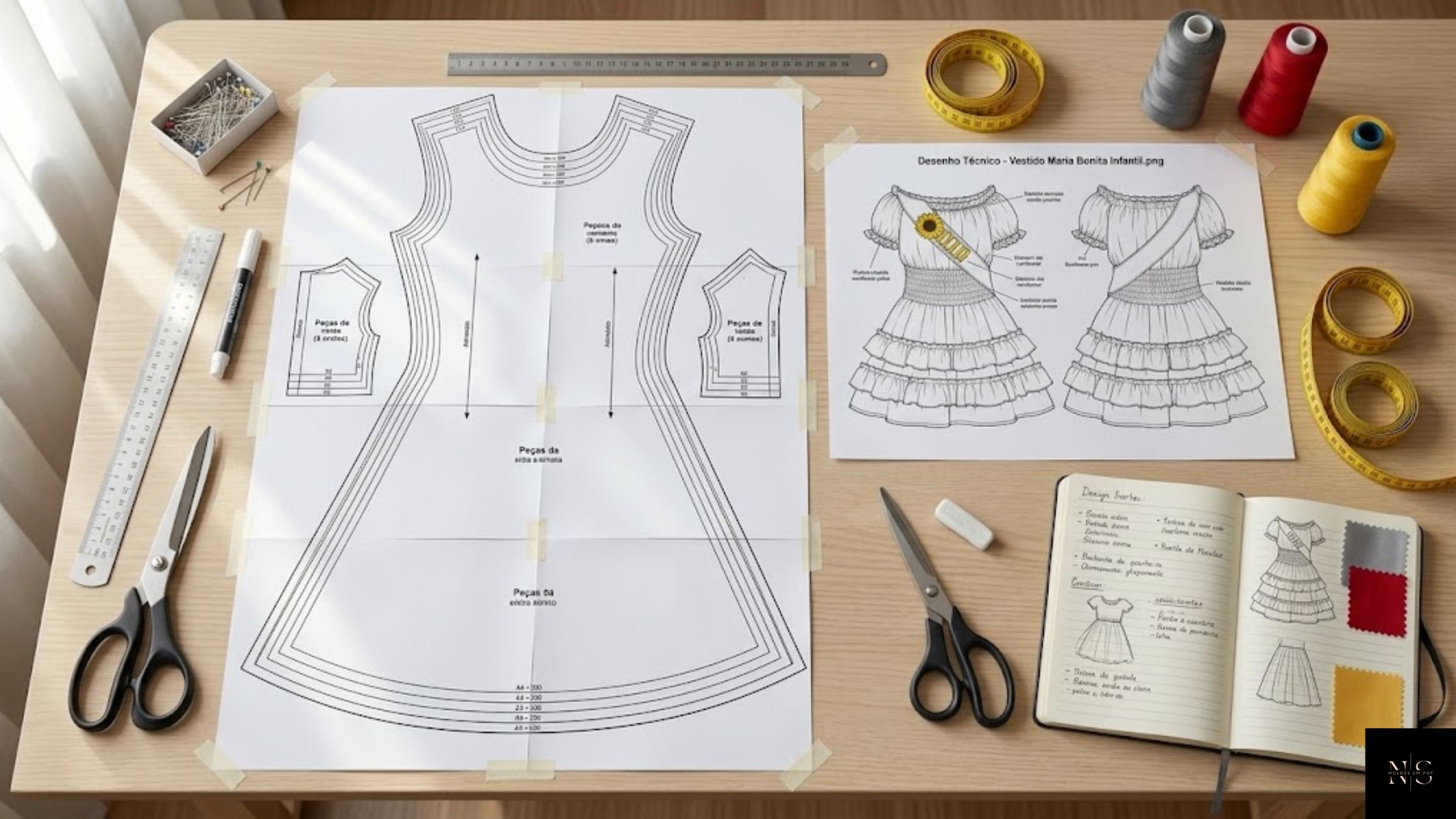 Molde em PDF Vestido Maria Bonita Infantil com arquivos A4 e A0 para impressão