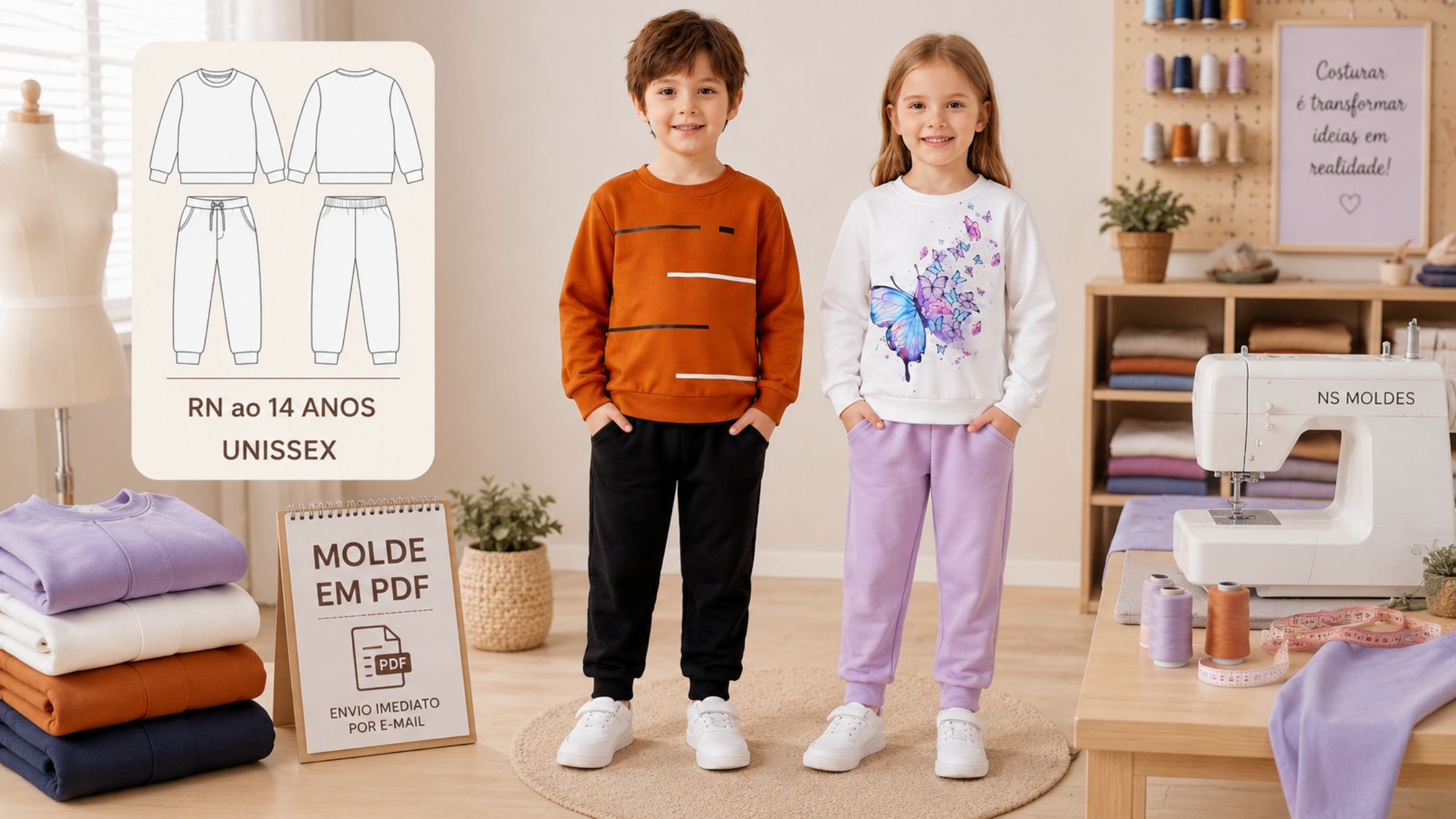Molde em PDF Conjunto Moletom João & Maria Infantil unissex RN ao 14 anos