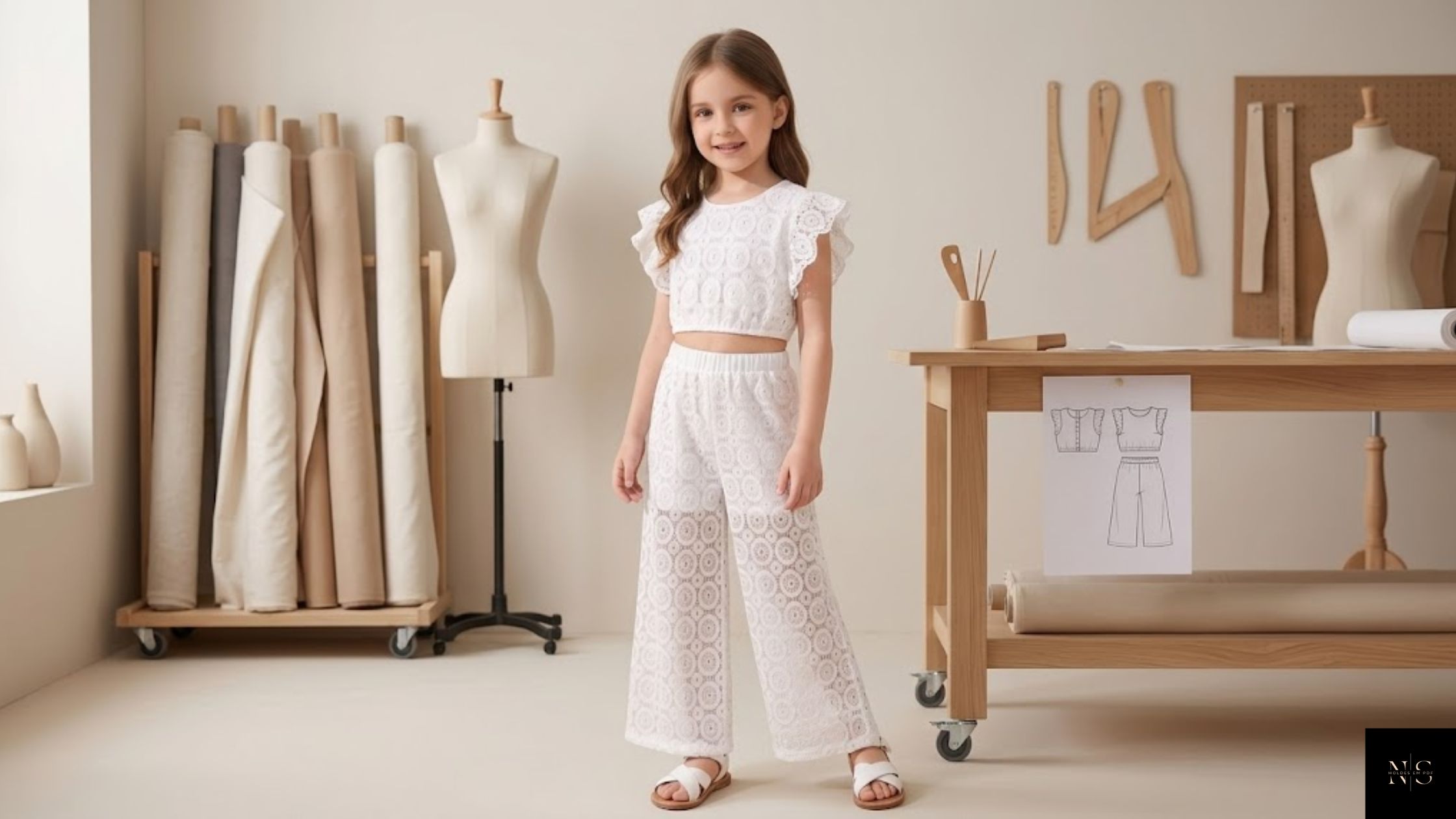 Molde em PDF Conjunto Marianne Infantil com conjunto infantil em renda branca para crianças de 2 a 14 anos