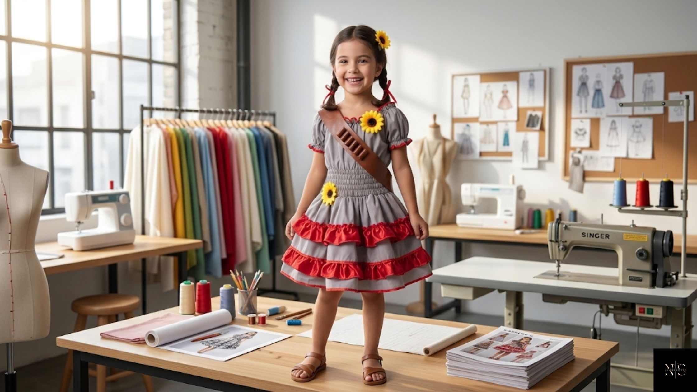 Molde em PDF Vestido Maria Bonita Infantil com vestido temático infantil de festa junina confeccionado com acabamento profissional