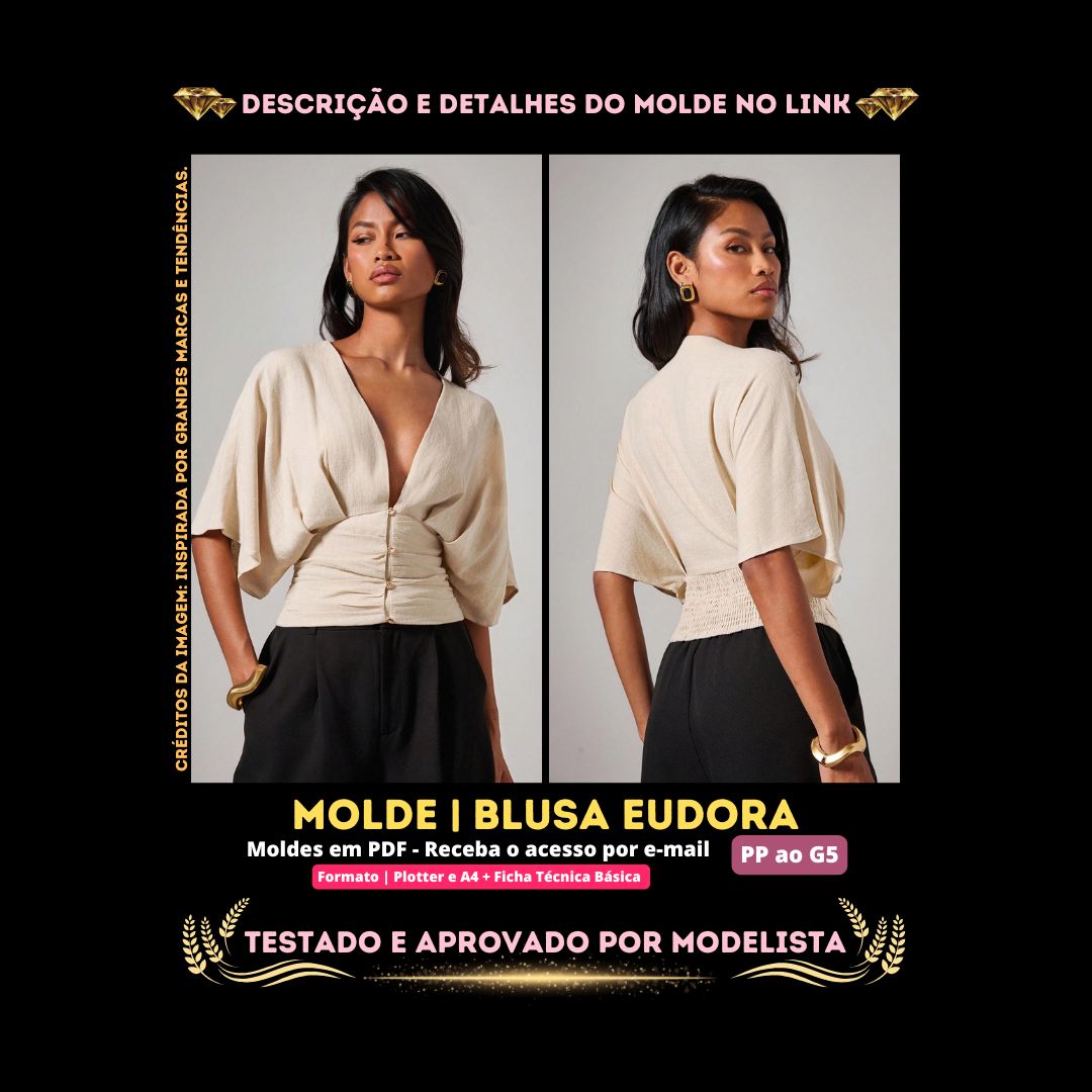 NS Molde em PDF - Blusa Eudora (Blusa Estilo Casual Transpassada com Pregas Frontais e Mangas Kimono)
