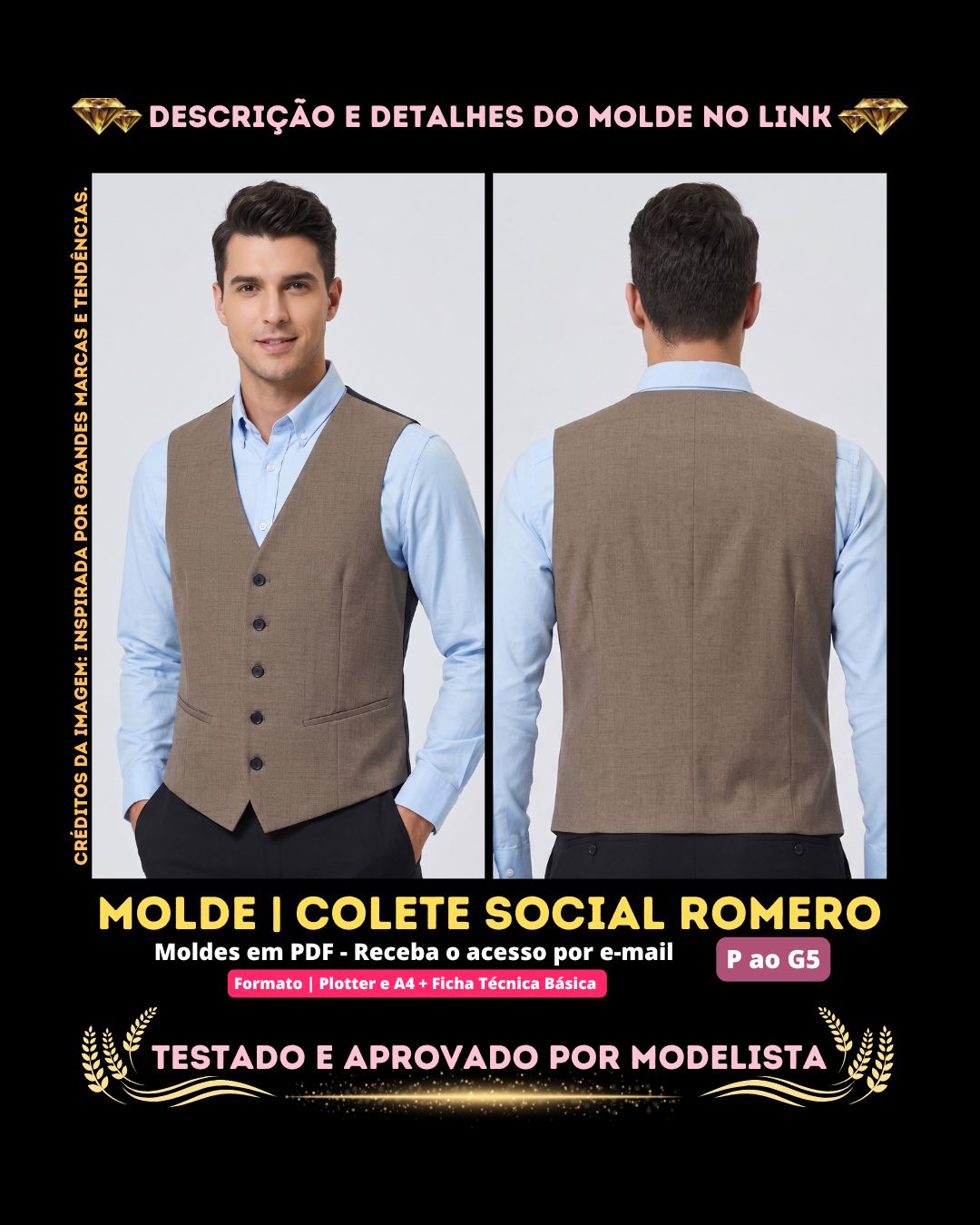 Molde em PDF - Colete Social Romero (Colete Estilo Casual Social Masculino Clássico de Alfaiataria com Decote V e Fechamento Frontal por Botões)