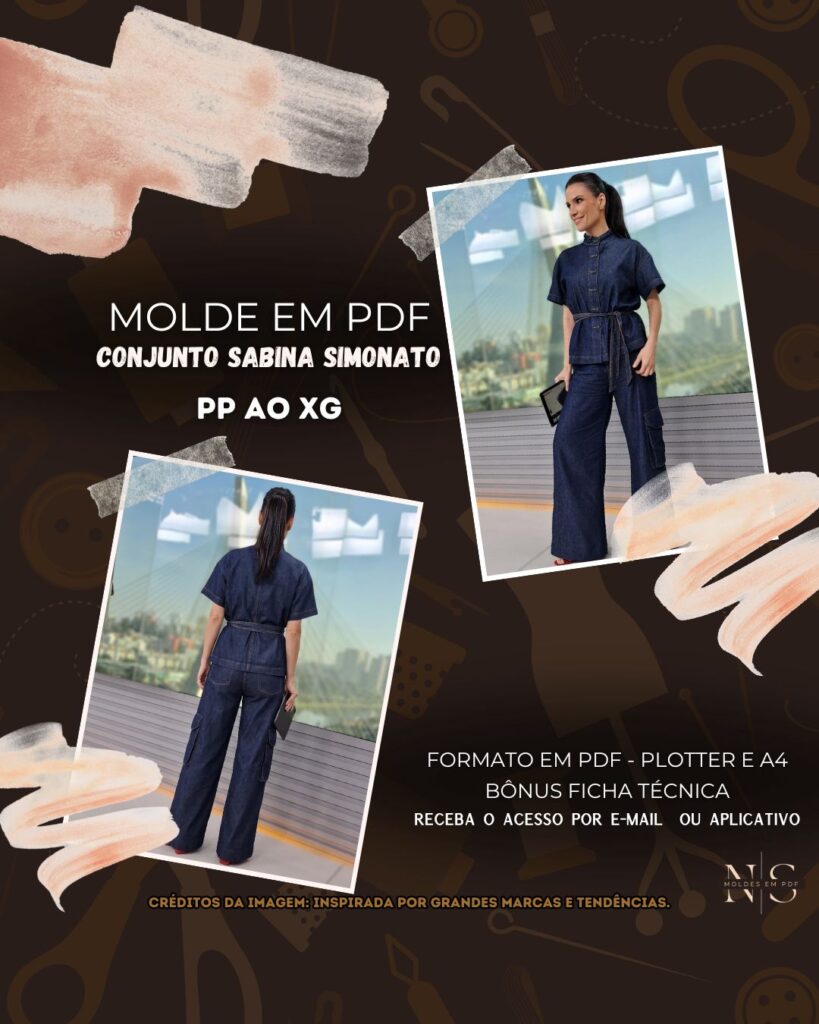 Molde em PDF - Conjunto Sabina Simonato (Conjunto Estilo Casual Blusa Chemise de Gola Oriental e Faixa Ajustável com Calça Pantalona de Cintura Alta e Bolso Cargo)