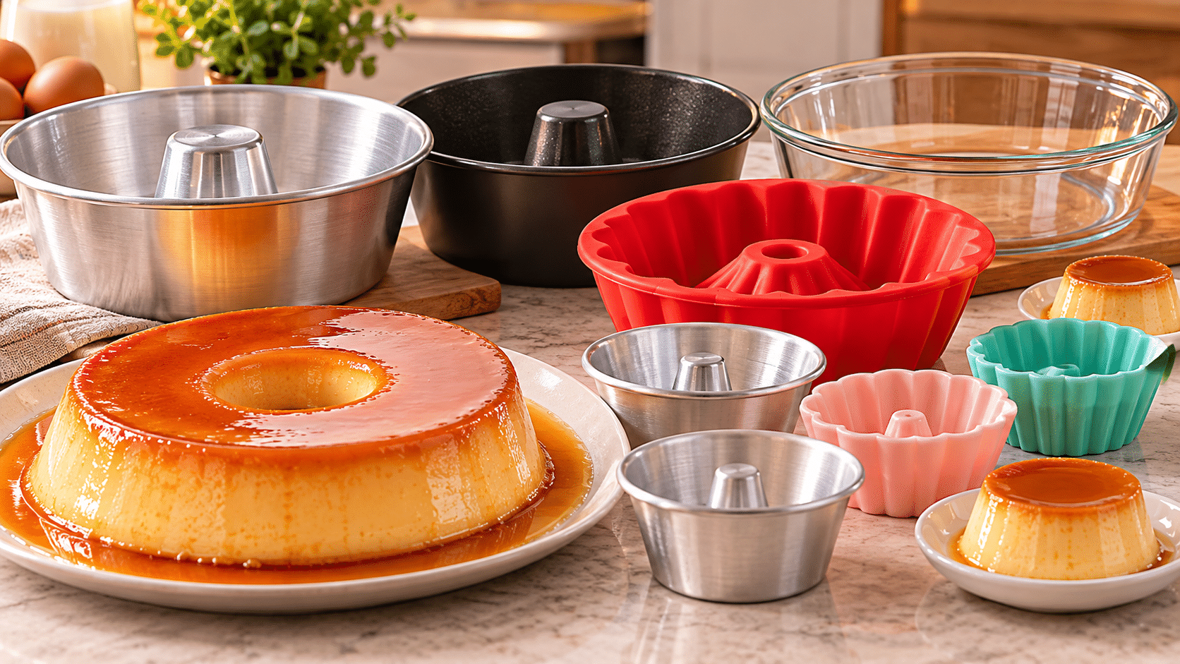 Diferentes formas para pudim e flan de alumínio, silicone, vidro e antiaderente, acompanhadas de pudins caramelizados.