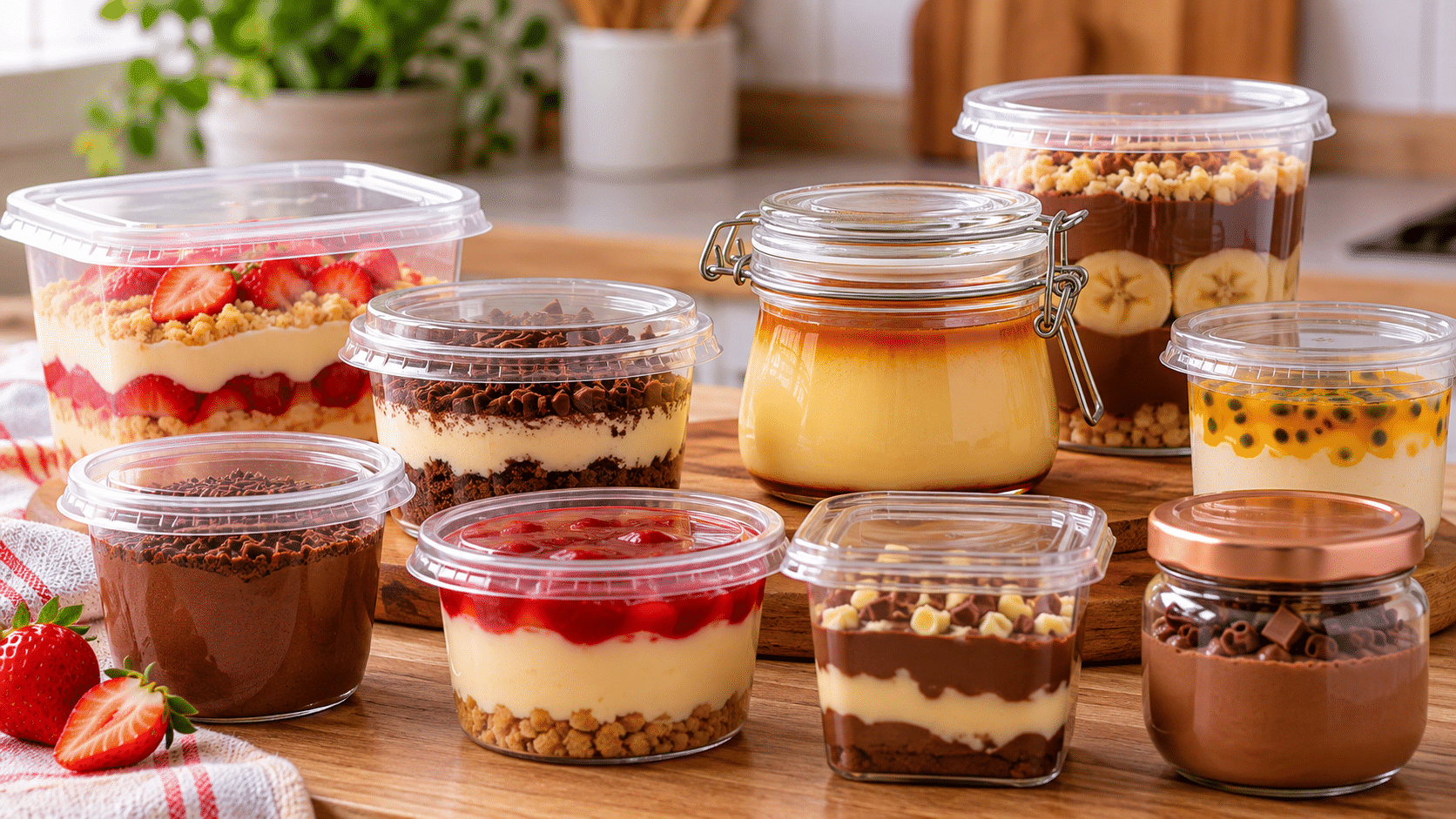 Potes para sobremesas com tampa de vidro e plástico, contendo mousse, pudim e doces em camadas organizados sobre uma bancada de cozinha.